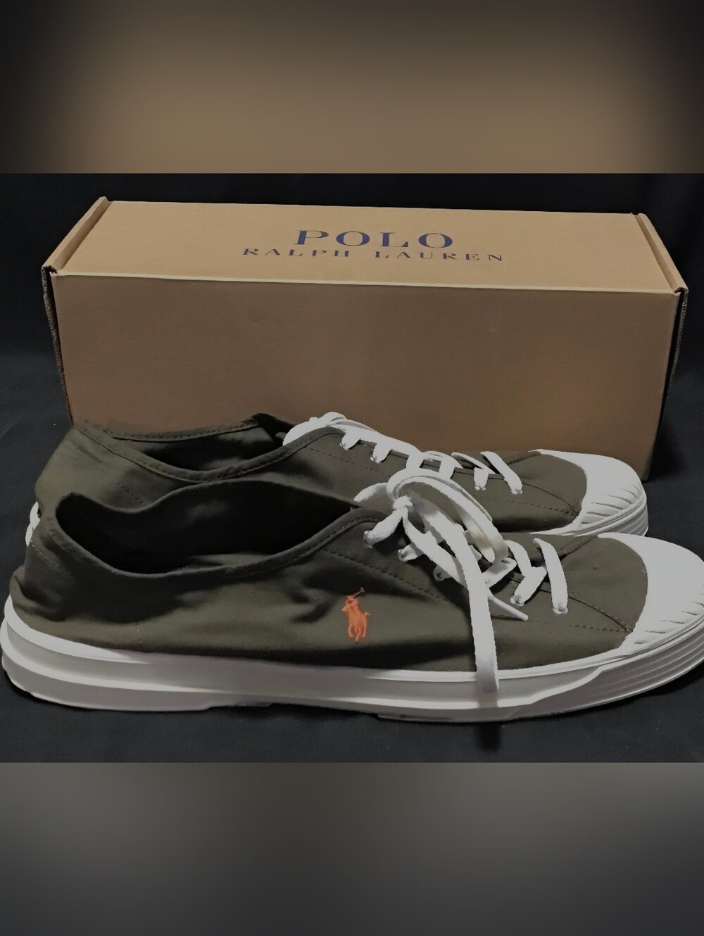 Polo by Ralph Lauren Men's Olive Canvas Sneakers Essence 100- Size 15 -W Box